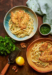 Crispy chicken wallnits and parsley pasta
