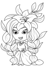 Obraz premium Girl with flowers in her hair. Princess Lily. Coloring book for children. Vector illustration
