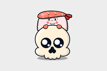 Cute Sushi shrimp cartoon character hiding in skull illustration in flat modern design