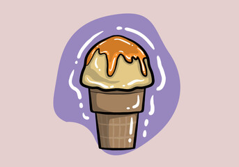 Hand drawn vector Ice Cream, american scoop ball ice creams in waffle cones, icon set of vibrant kids soft ice creams in a isolated background