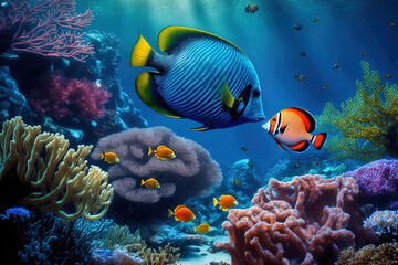 Fototapeta na wymiar fish and coral reefs underwater. Generative AI