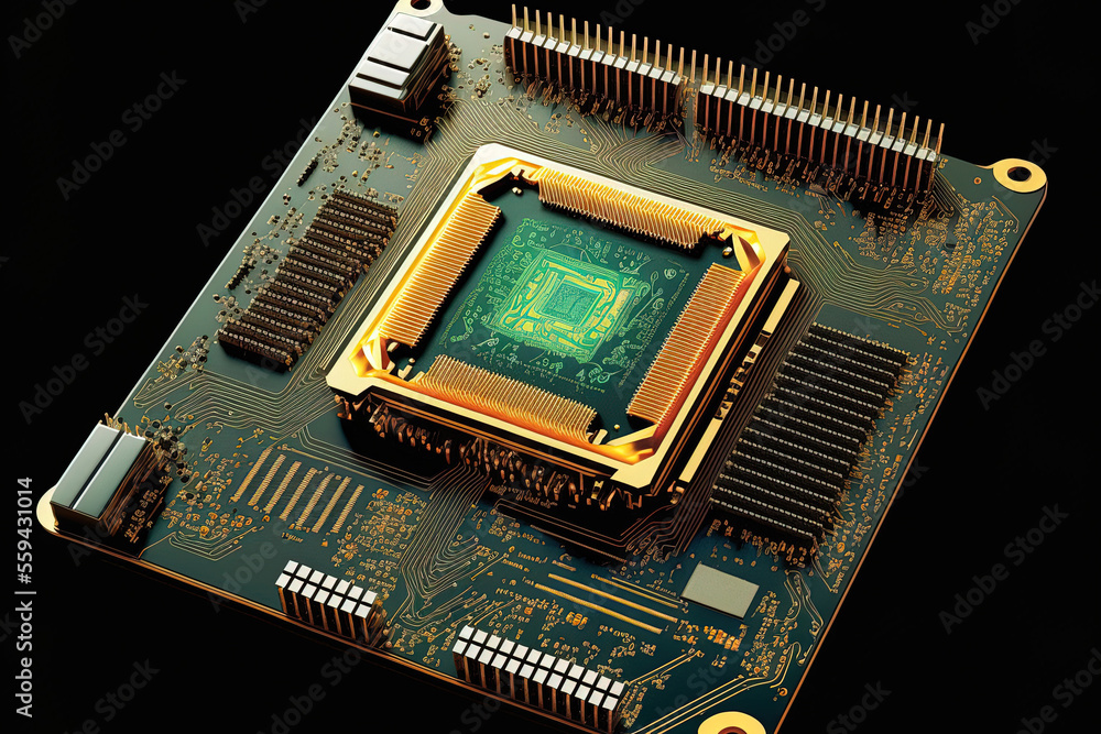 Aufkleber modern cpu depiction of a digital chip with hud parts, central computer processors, and a future mic
