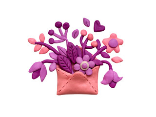 Set various flowers, leaves, herbs in a plasticine envelope. Pink and lilac plasticine clay 3D illustration isolated on white background, cute dough shape.