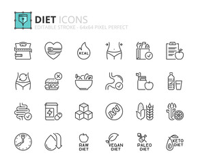 Simple set of outline icons about diet, healthy food.