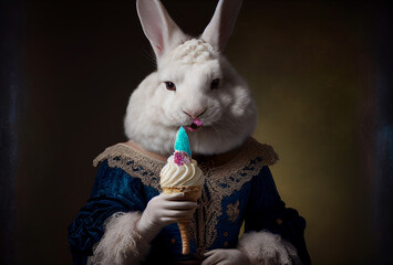 Rabbit aristocrat with ice cream. Vintage outfit with ruff. White millstone collar. Generative Ai Art. Antique style portrait of a bunny in ruff collar. - obrazy, fototapety, plakaty