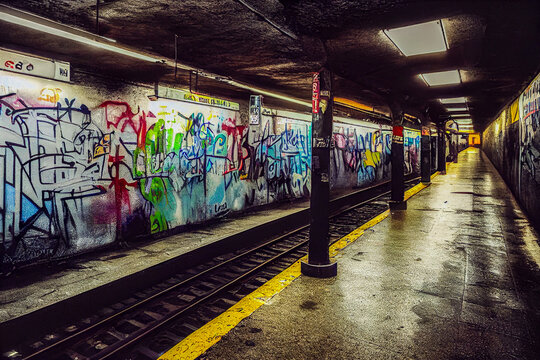 graffiti on a underground subway wall, generative ai illustration