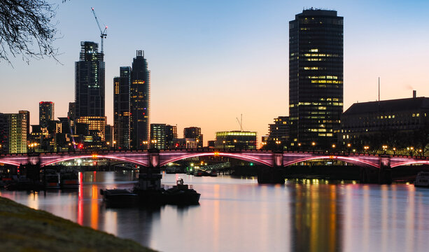 London City skyline towards Vauxhall and Battersea at twilight