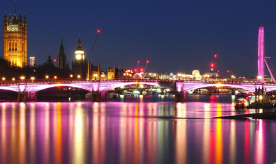 Central London at twilight into night by the River Thames 