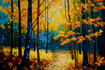Oil painting of a woodland in the fall colors. Impressionist hand painting. Generative AI © The 2R Artificiality