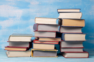 Vintage old hardback books. Education background. Back to school. Copy Space.