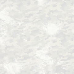 Grunge white background with military camouflage pattern and white stains. Abstract background. 