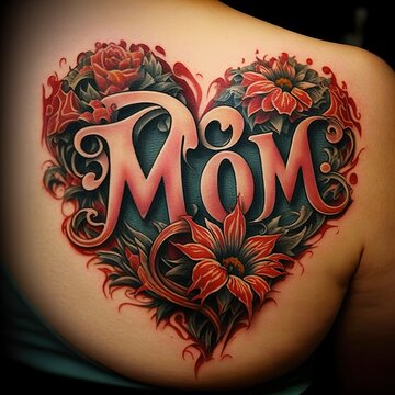 I love mom tattoo, heart tattoo with "mom" in it, generative ai, tribute tattoo