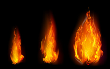 Fire PNG. Realistic Fire Flames set with smoke and sparkles transparent on dark background. Burning red wildfire flames set, burn bonfire silhouette and blazing fiery spurts of flame