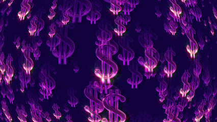 3D rendering of a stream of dollar signs. Signs of different sizes in space