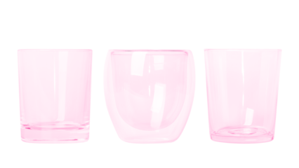 a set of pink glass glasses of different sizes Small and large glasses. Empty glass glasses. Without background. PNG