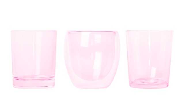 a set of pink glass glasses of different sizes Small and large glasses. Empty glass glasses. Without background. PNG