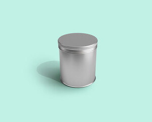 Metal tin can mockup isolated. Packaging design for food branding. 3D rendering metal container for spices, cereals, snacks, sugar.

