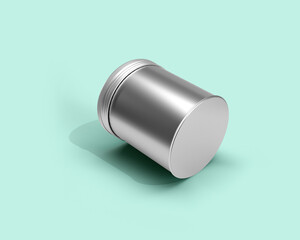 Metal tin can mockup isolated. Packaging design for food branding. 3D rendering metal container for spices, cereals, snacks, sugar.
