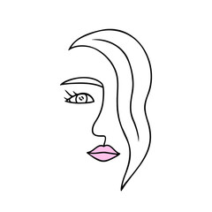 Face of a beautiful girl outline, falling hair on her face. Vector Illustration for backgrounds and packaging. Image can be used for greeting cards, posters and textile. Isolated on white background.