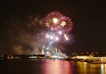 firework on new year countdown at temple of dawn in Thailand