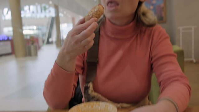 Woman Eating Pie With Meat In Cafe.