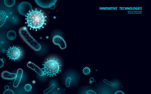 Microscope virus 3D low poly render. Laboratory analysis infection virus influenza flu pneumonia. Modern science technology medicine vector illustration
