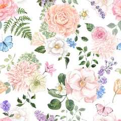 Abwaschbare Fototapete Spring floral print. Watercolor garden pink flowers, foliage, and butterflies seamless pattern with white background. Botanical wallpaper. © Anna Nekotangerine