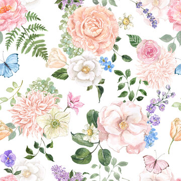 Spring floral print. Watercolor garden pink flowers, foliage, and butterflies seamless pattern with white background. Botanical wallpaper.