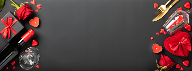 Beautiful romantic table setting on black background. Romantic dinner. Valentine's Day