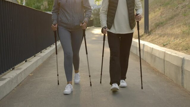 Close up view of the legs of the mature couple nordic walking climbing. Elderly family with trekking poles walking in the street.