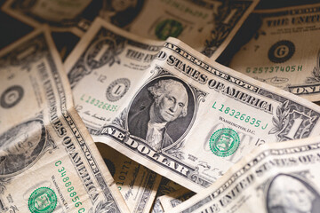 Notas de 1 Dólar em fotogafia close-up. Economia americana e finanças. Dinheiro, nota, pouco...