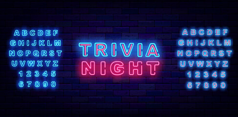 Trivia night neon signboard. Quiz show. Game competition. Glowing blue alphabet. Vector stock illustration
