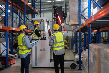 African american working in warehouse hold red light give signal to truck loading carton box