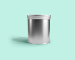 Metal tin can mockup template isolated. Packaging design for food branding. 3D rendering metal container for spices, cereals, snacks, sugar.

