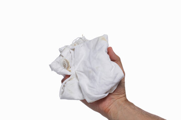hand holding a white cleaning rag isolated on white background