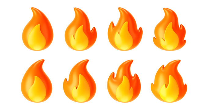 3d fire flame icons set isolated on white background. Render sprite of fire emoji, energy and power concept. 3d cartoon simple vector illustration.