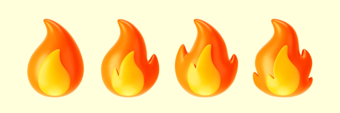 3d Fire Flame Icons Set Isolated On White Background. Render Sprite Of Fire Emoji, Energy And Power Concept. 3d Cartoon Simple Vector Illustration