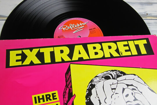 Viersen, Germany - November 9. 2022: Closeup of isolated vinyl record cover of german neue deutsche welle 80s Extrabreit band