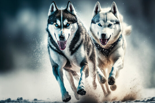 Sled dog-racing with Alaskan malamute and husky dogs. Snow, winter, competition, race concept.	