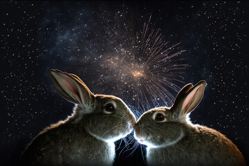 Generative Ai of two rabbits kissing under fireworks. New Year of the Rabbit. 