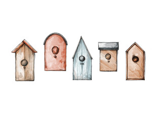 Mehrere Vogelh&auml;user, Nistk&auml;sten auf neutralem Hintergrund