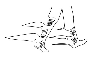 Anxious feeling. Emotion expression and mood changes. Stress or depression. Fear. Peer pressure or support. Helping a colleague,  teamwork. Push forward. One line hand drawn vector illustration