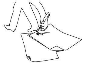 Business person hand signing document. Contract, work plan, idea,  project implementation. One line simple modern hand drawn vector illustration