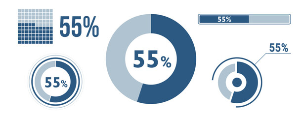 55% percentage infographic set. Fifty-five circle diagram, pie donut chart, progress bar. 55 percent loading data icon. Vector concept collection.