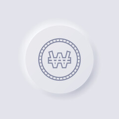 Korean won currency symbol coin icon, White Neumorphism soft UI Design for Web design, Application UI and more, Button, Vector.