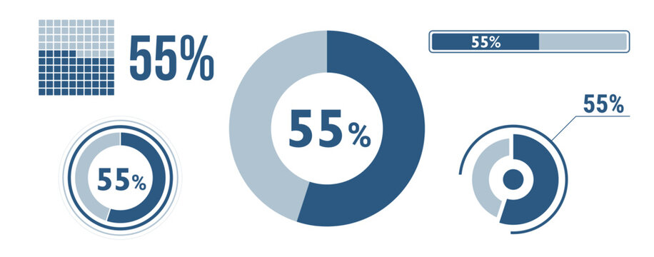 55% percentage infographic set. Fifty-five circle diagram, pie donut chart, progress bar. 55 percent loading data icon. Vector concept collection.