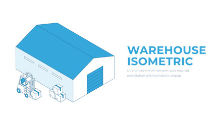 Isometric warehouse logistics delivery. Forklifts with boxes, warehouse management outline vector concept