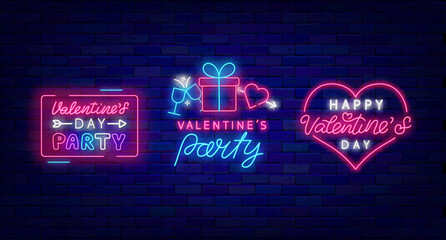 Happy Valentines Day party neon signs collection. Luminous advertisings set. Heart frame. Vector illustration