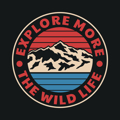 Mountain with Striped Sky and Sea Illustration Outdoor Vector Artwork with A Slogan on Black Background For Apparel and Other Uses