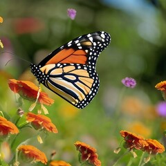 Obraz premium Close-up shot of a Monarch Butterfly landing on an orange flower, Generative AI